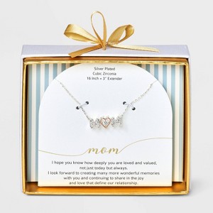 Silver Plated Two Tone Cubic Zirconia Mom with Heart Pendant Necklace - Silver: Brass, Lobster Claw Clasp, Gift Box - 1 of 4