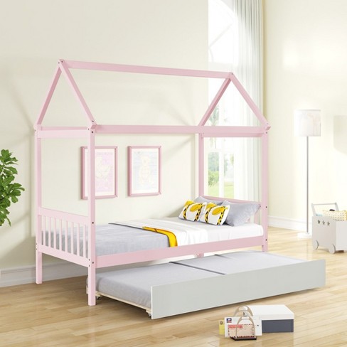 Twin Floor Bed Frame With Roof Pine Solid Wood Platform Bed Frame With Trundle Twin Bed House Bed For Boys Girls Bedroom Target