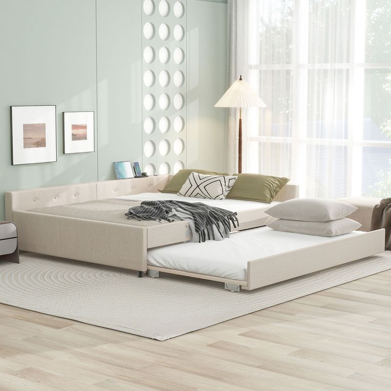 Full/Queen Size Upholstered Platform Bed with USB Ports, Modern Daybed with Trundle, Beige - ModernLuxe, 1 of 9