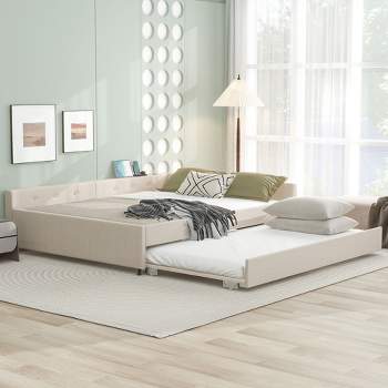 Full/Queen Size Upholstered Platform Bed with USB Ports, Modern Daybed with Trundle, Beige - ModernLuxe