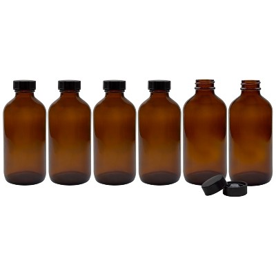 Cornucopia Brands 8oz Amber Glass Bottles, 6pk; Boston Round Bottles w/Polycone Phenolic Caps