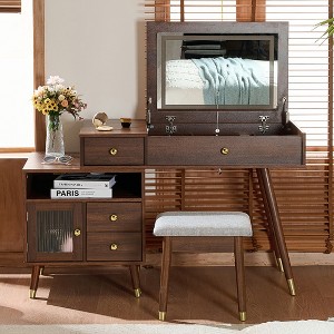 3-in-1 Vanity Desk with LED Lighted Flip Mirror and Adjustable Slide-Out Cabinet, Makeup Dressing Table with Stool - 1 of 4