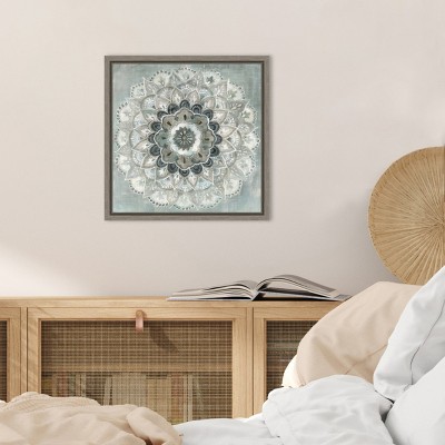 Sunburst Mandala 16" Grey and Blue Framed Canvas Art