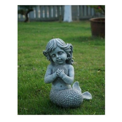 13" Polyresin Kneeling Child Mermaid Holding Shell Outdoor Statue Gray - Hi-Line Gift