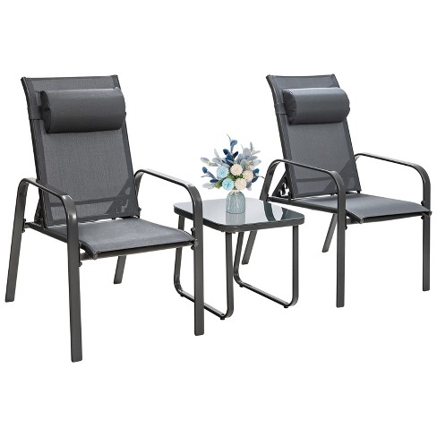 Tangkula 3pcs Patio Adjustable Back Stackable Chairs Side Table