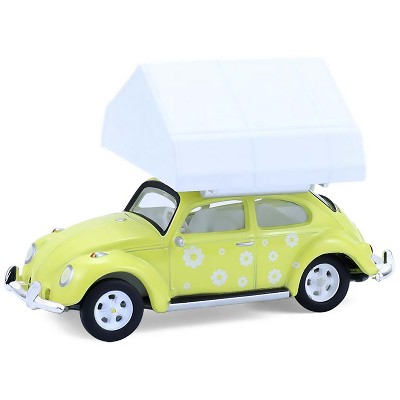 Volkswagen Classic Beetle Yellow with White Flower Graphics w/Cartop Sleeper Tent 1/64 Scale Diecast Model Cars by Greenlight