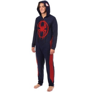 Seven Times Six Marvel Spider-Man Miles Morales Union Suit Adult One Piece Hooded Pajamas Black - 1 of 4