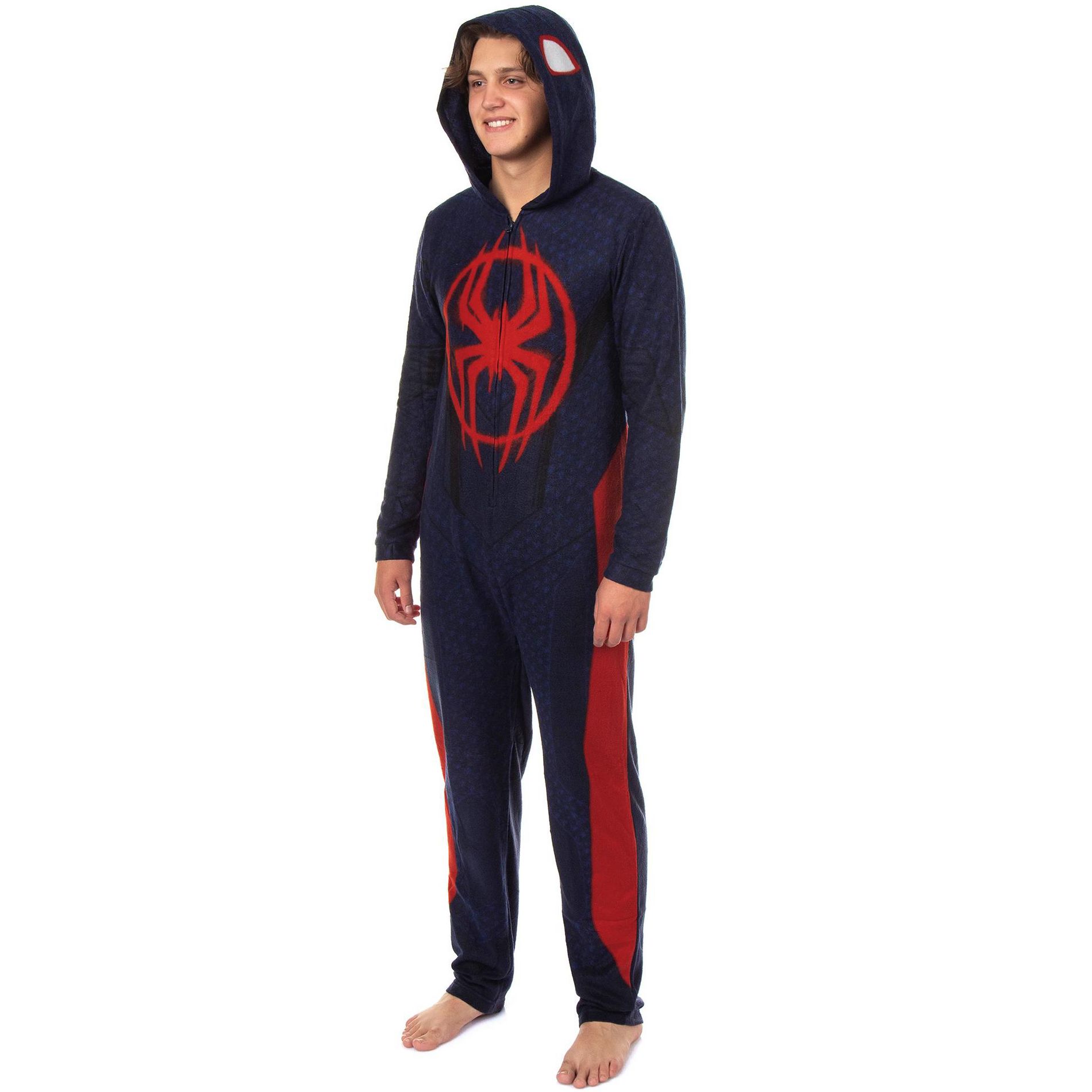Marvel Spider-Man Miles Morales Union Suit Adult One Piece Hooded Pajamas Small Black