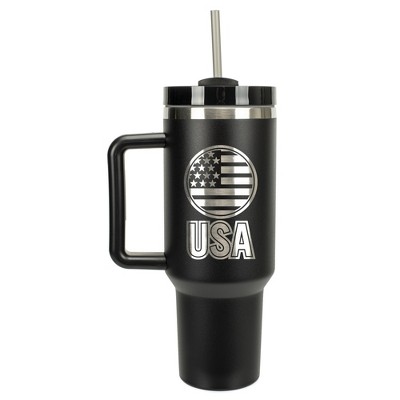 100 North USA American Flag Emblem Wrap-Around 40 Oz. Stainless Steel Water Bottle Coffee Mug, Spill & Leak Resistant, Travel Tumbler with Handle, Lid