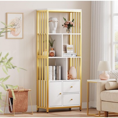 Gold Bookshelf Modern Bookcase with Drawers Storage,White/Gold