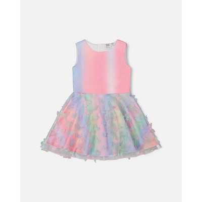 Deux par Deux Girl Milano Dress with Printed Mesh Skirt Multicolored with Butterflies