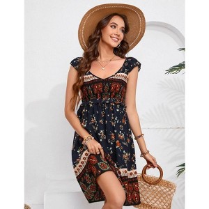 Coolmee Women's Summer Floral Dress V Neck Flutter Sleeve Bohemian Dress Casual Smocked Swing Mini Dress - 1 of 4