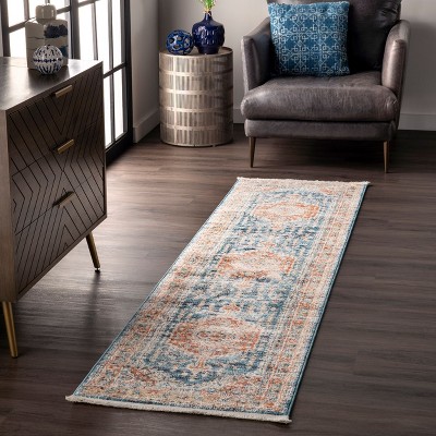 Harley Blue Medallion Synthetic Easy Care Runner Rug