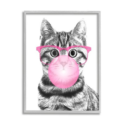 Stupell Industries Adorable Cat Bubble Gum Pink Glasses Monochrome Illustration Framed Giclee Art