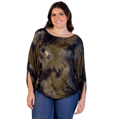 24seven Comfort Apparel Plus Size Green Tie Dye Batwing Sleeve Relaxed Fit Top