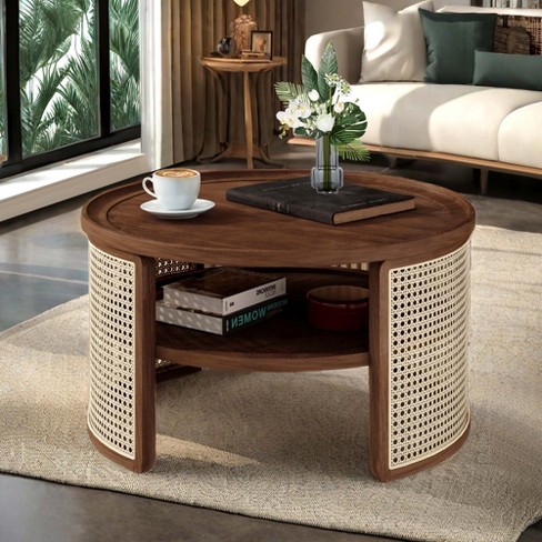 Nicbex Modern Round Wood Coffee Table With 2-tiered Storage And Rattan ...