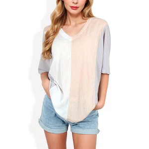 Anna-Kaci Women's Color Block V-Neck Oversized T-Shirt with Drop Shoulders - 1 of 4
