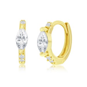 Bella Silver Sterling Silver 11MM Center Marquise CZ Huggie Hoop Earrings - Gold Plated - Gold - 1 of 2