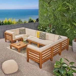 Oana 9pc Acacia Wood U-Shaped Sectional Sofa Set Teak/Beige - Christopher Knight Home: Weather-Resistant Outdoor Patio Furniture - 1 of 4