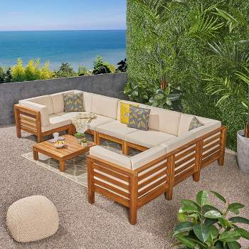Oana 9pc Acacia Wood U-Shaped Sectional Sofa Set Teak/Beige - Christopher Knight Home