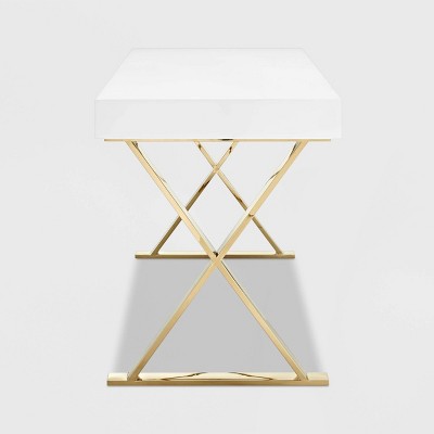 White and Gold X-Base Writing Desk with Drawer