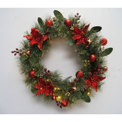 Season's Designs 30" Green Pine Wreath with Red Poinsettia Flowers, Christmas Ornaments, and Berries 50 LED Clear Lights, Indoor/Outdoor Use, Battery