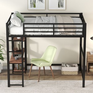 PAGED Full Size Loft Bed with Desk Modern Simple Metal Bed Frame with Storage Shelves, Guardrails and Ladder for Bedroom - 1 of 4