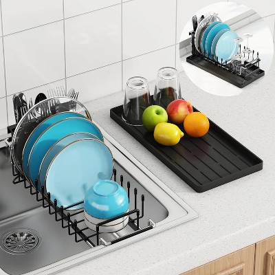 LunaLulinlk Sink Dish Drying Rack, Expandable Small Dish Rack Over Sink with Silicone Drying Tray, Black