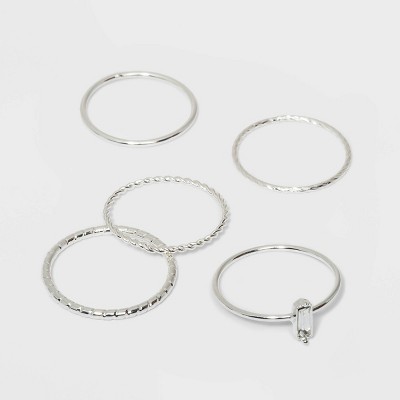 Clear Stone and Four Thin Ring Set 5pc - A New Day&#8482; Silver 7