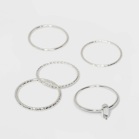 Clear Stone and Four Thin Ring Set 5pc - A New Day™ Silver 7