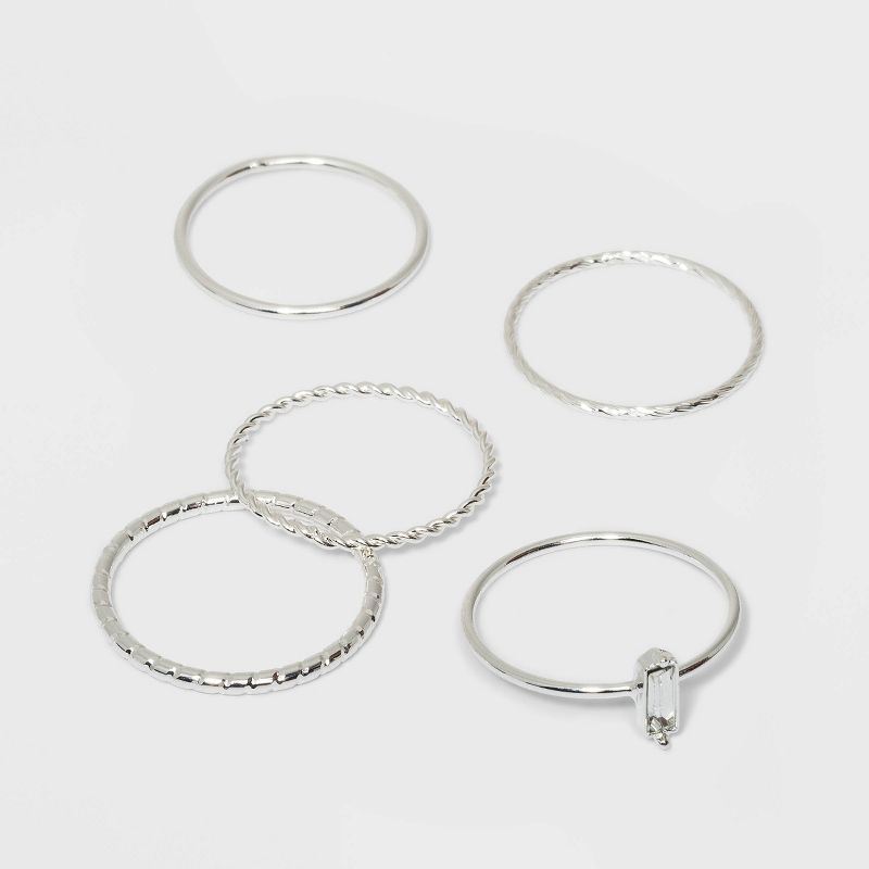 Clear Stone and Four Thin Ring Set 5pc - A New Day&#8482; Silver 7, 1 of 2