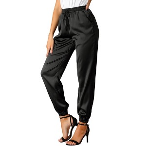 INSPIRE CHIC Women's Drawstring Elastic Waist Ankle Length Satin Joggers Pants with Pocket - 1 of 4