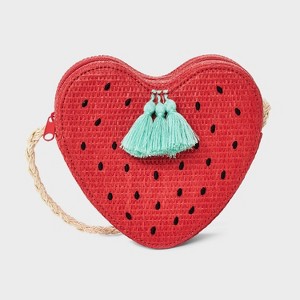 Girls' Strawberry Straw Crossbody Bag - Cat & Jack™️ Red: Woven Paper Straw, Zip Closure, Shoulder Strap, Structured Design - 1 of 4