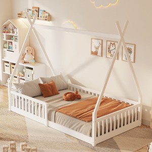Wood House Bed with Fence - 1 of 4