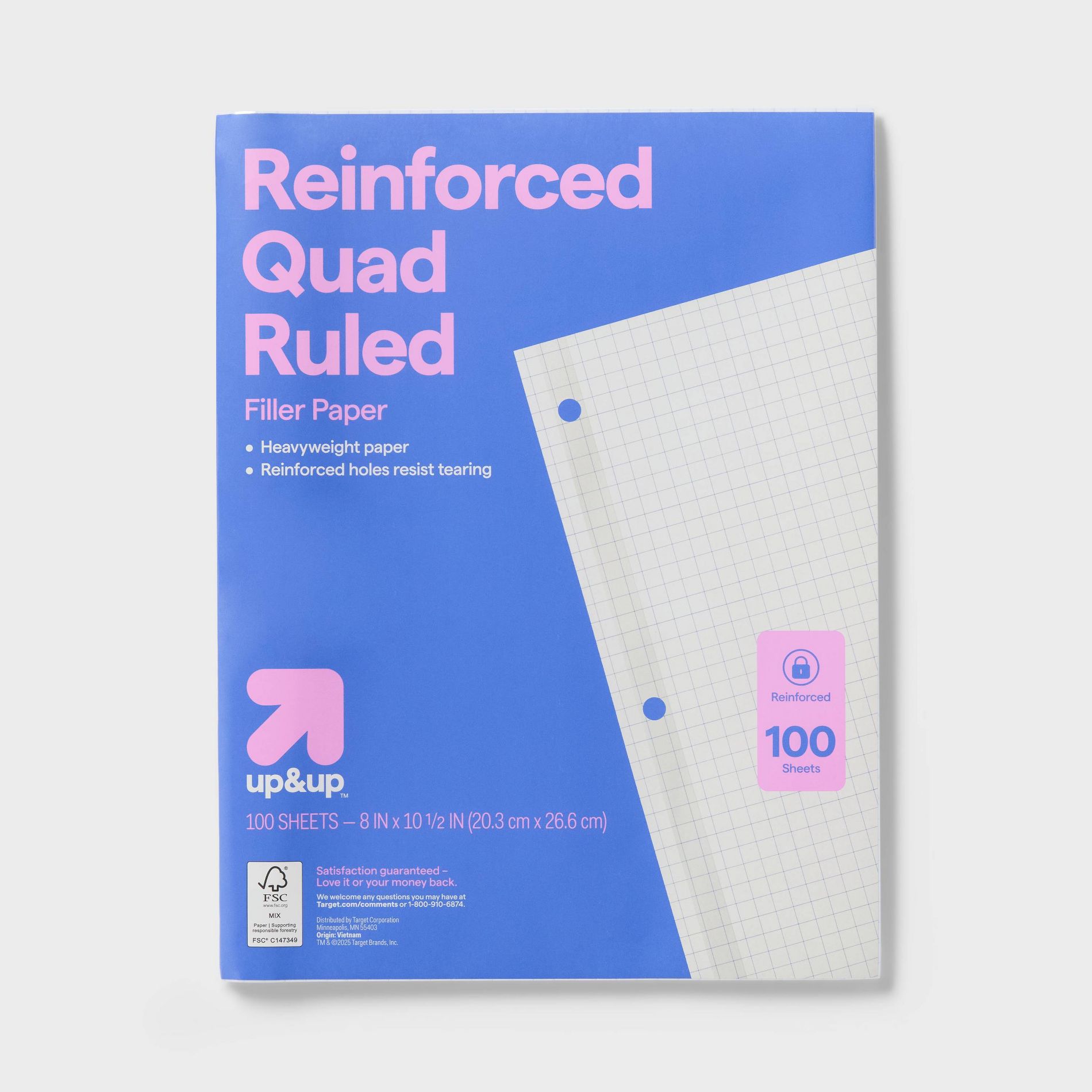 100ct Quad Ruled Notebook Filler Paper Reinforced - up&up™: Quadrille Ruled, 10.5x8 Inches, White, 20 lb, Loose Leaf, 100 Sheets