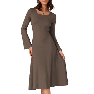 INSPIRE CHIC Women's Knit Midi A-Line Drawstring Back Square Neck Long Sleeve Dresses - 1 of 4
