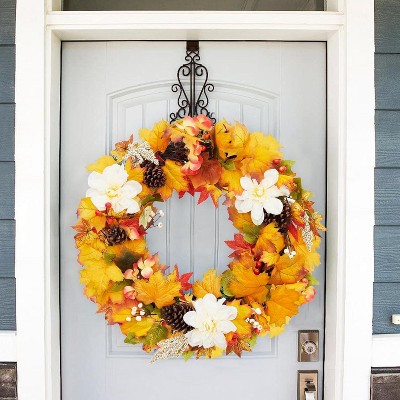 Acekool 22" Fall Wreath for Front Door, Thanksgiving & Autumn Decor with Pinecones, Maple Leaves, White Flowers & Berries