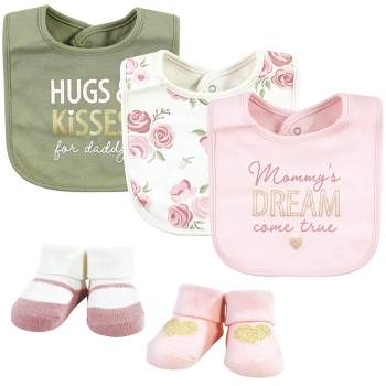 Hudson Baby Infant Girl Cotton Bib and Sock Set, Mom Dad Floral, 0-9 Months