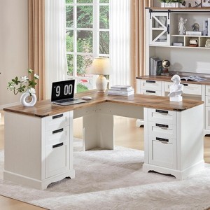 SinCiDo Farmhouse 60" L Shaped Corner Desk, Wooden Executive Office Desk w/ Charging Station, File Drawer & Storage Cabinet - 1 of 4