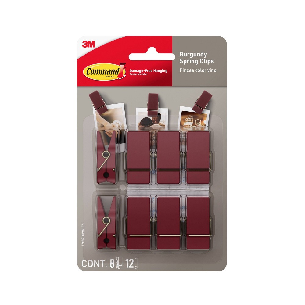 Command Spring Clips 8 Hooks and 12 Strips Burgundy