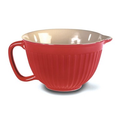 Omniware Simsbury Batter Bowl - 2 Quart Stoneware Mixing Bowl with Handle & Pour Spout - Dishwasher Safe - Food Safe Bakeware (Red)