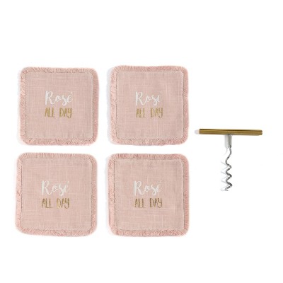 "Rose All Day" Set of Four Coasters And Corkscrew Gift Set - Pink - Shiraleah