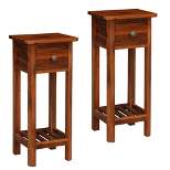 Costway 2PCS 2 Tier End Bedside Sofa Side Table with Drawer Shelf Acacia Wood Nightstand