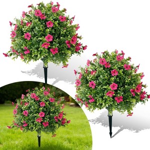 2-Pack Artificial Flowers Boxwood Topiary Ball Tree Faux Bush Outdoor Plants w/Ground Spike, UV Resistant Fake Shrubs for Garden, Rose Red - 1 of 4