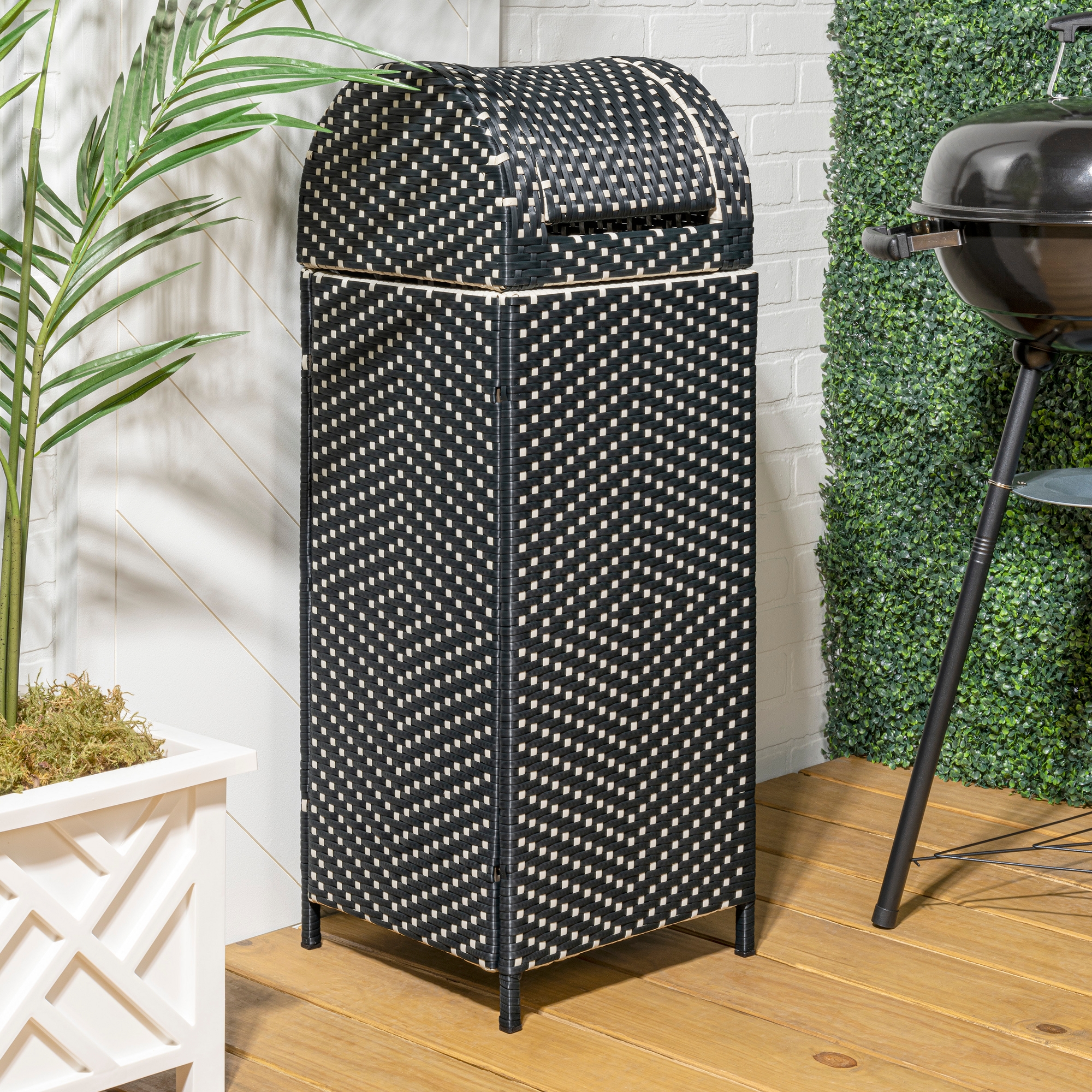 happimess Ellison 31.39-Gallon All-Weather Wicker/Metal Swing Top Hideaway Outdoor Trash Can, Dark Navy/White