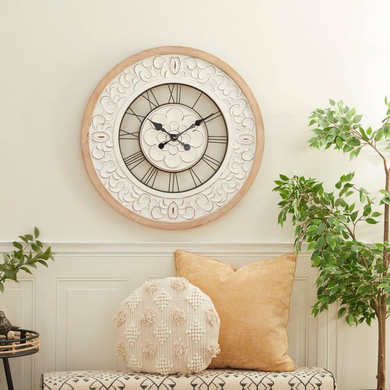 32&#34;x32&#34; Wooden Floral Carved Wall Clock White - Olivia &#38; May, 2 of 19