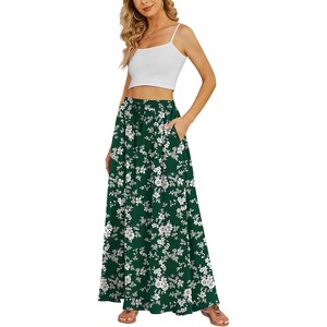 Women's High Waisted Pleated Flowy Maxi Skirt - Summer Casual with Pockets White Flower Green - 1 of 4