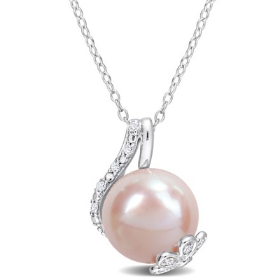 EVERLY JEWELRY | Sterling Silver 1/10 CT TW Diamond 12 - 12.5 mm Pink Freshwater Cultured Pearl Fashion Pendant With Chain, 18-inch