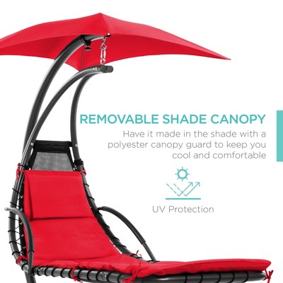 Red Hanging Curved Chaise Lounger with Cushions and Canopy