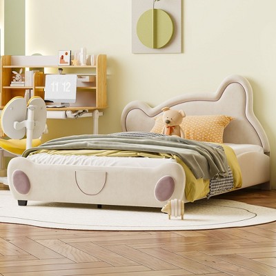 Okak Full Velvet Platform Bed Frame with Upholstered Bear-Shaped Headboard, Bed-End Storage Pocket for Kids Noise-Free Easy Assembly, Beige